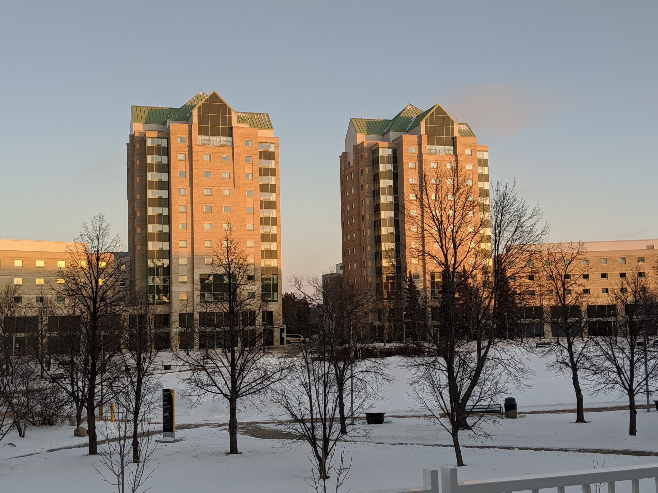 Kisik Towers during golden hour at the University of Regina